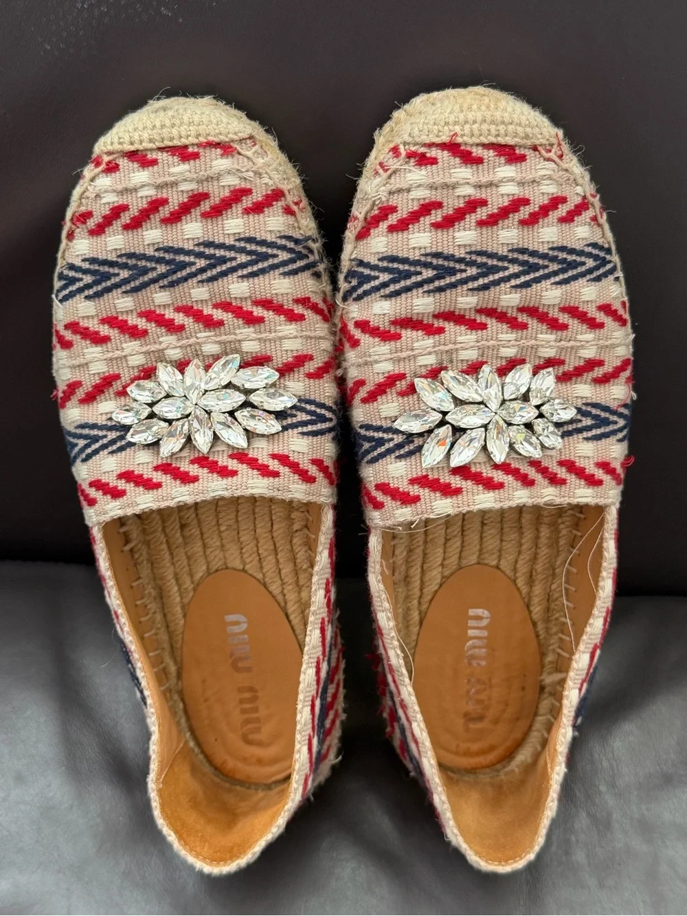 Miu Miu Beige Espadrilles with Red & Navy Stripe and Crystal Brooch 37 Size